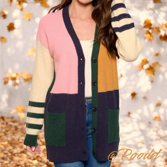 HEM & THREAD Beautiful color block button front cardigan S M L - Picture 2 of 7